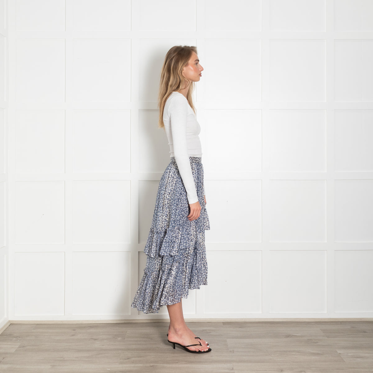 Ulla Johnson Blue Floral Metallic Tiered Maxi Skirt