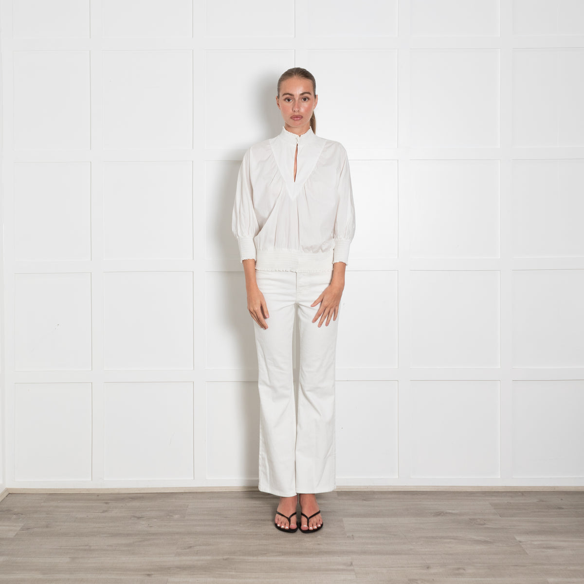 Maje White Frill Neck Smock Cuff Blouse