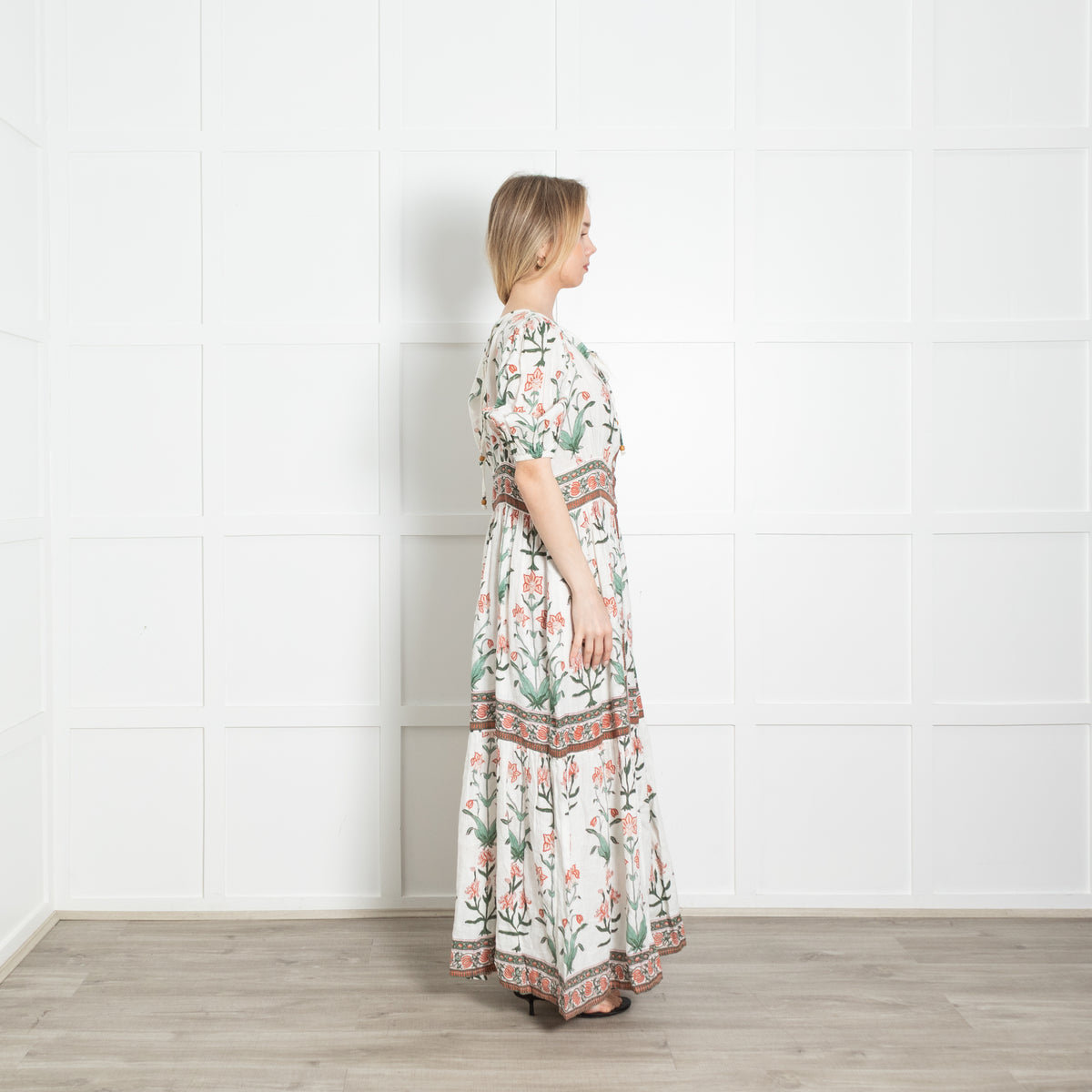 Hannah White Green Orange Floral Linen Button Up Maxi Dress