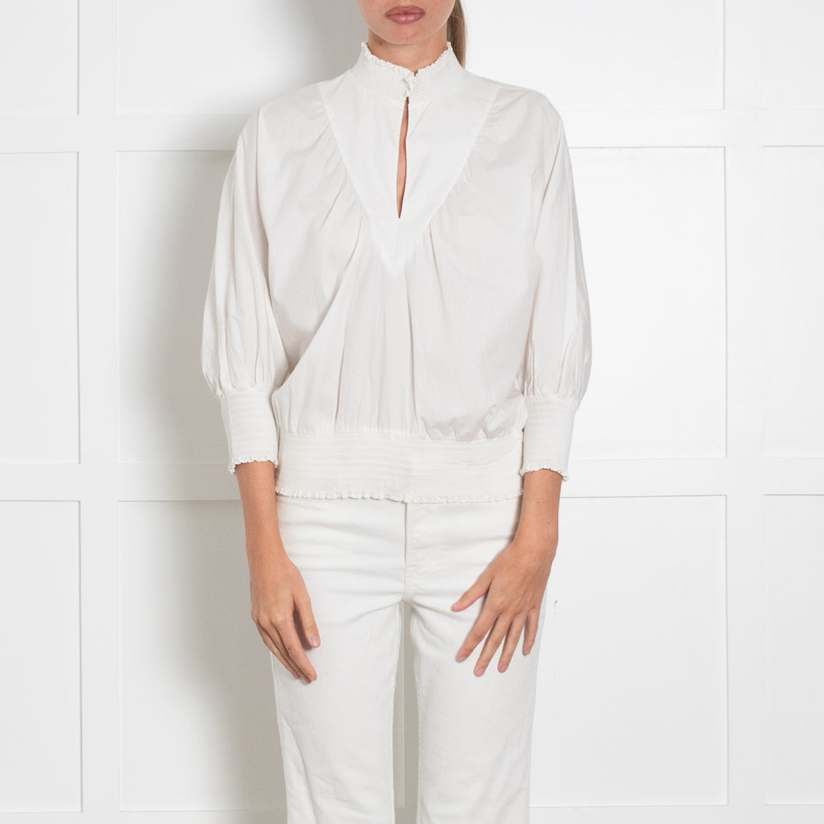 Maje White Frill Neck Smock Cuff Blouse