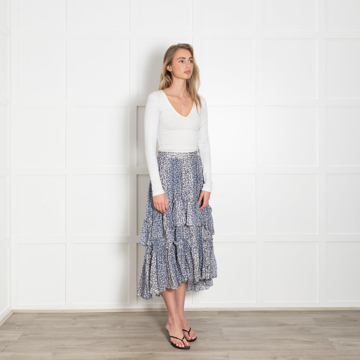 Ulla Johnson Blue Floral Metallic Tiered Maxi Skirt