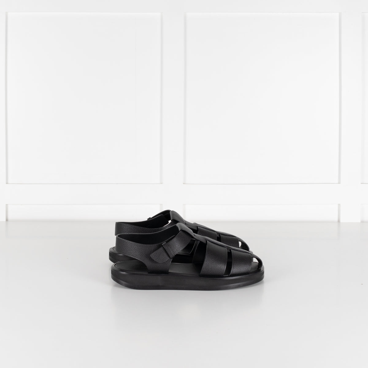 The Row Black Grain Leather Fisherman Flat Sandal