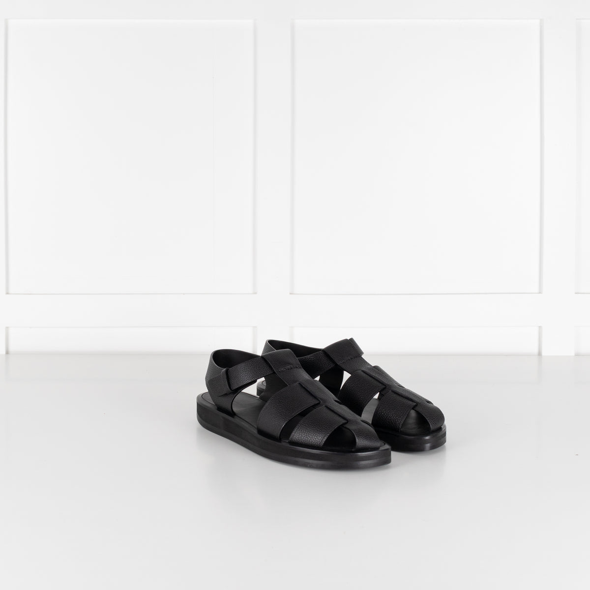 The Row Black Grain Leather Fisherman Flat Sandal