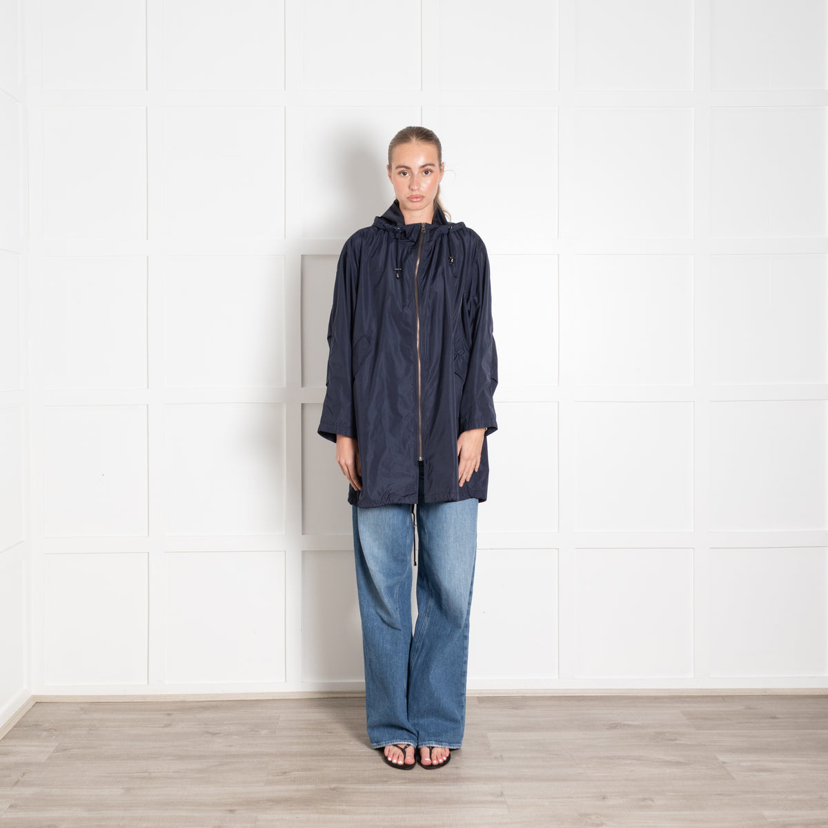Berenice Navy Blue Nylon Hooded Zip Front Rain Coat