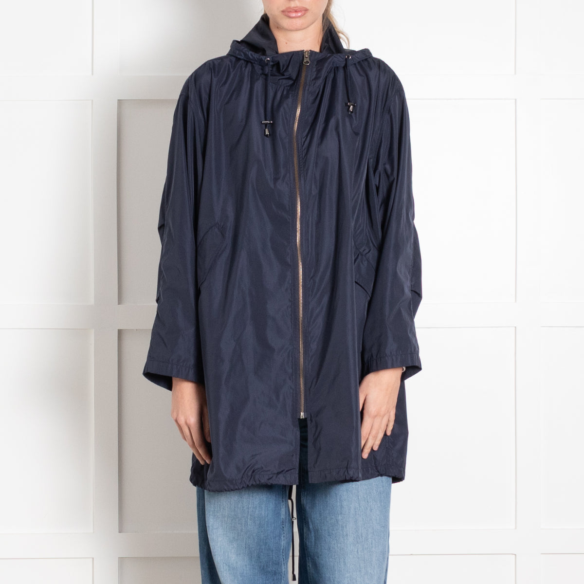 Berenice Navy Blue Nylon Hooded Zip Front Rain Coat
