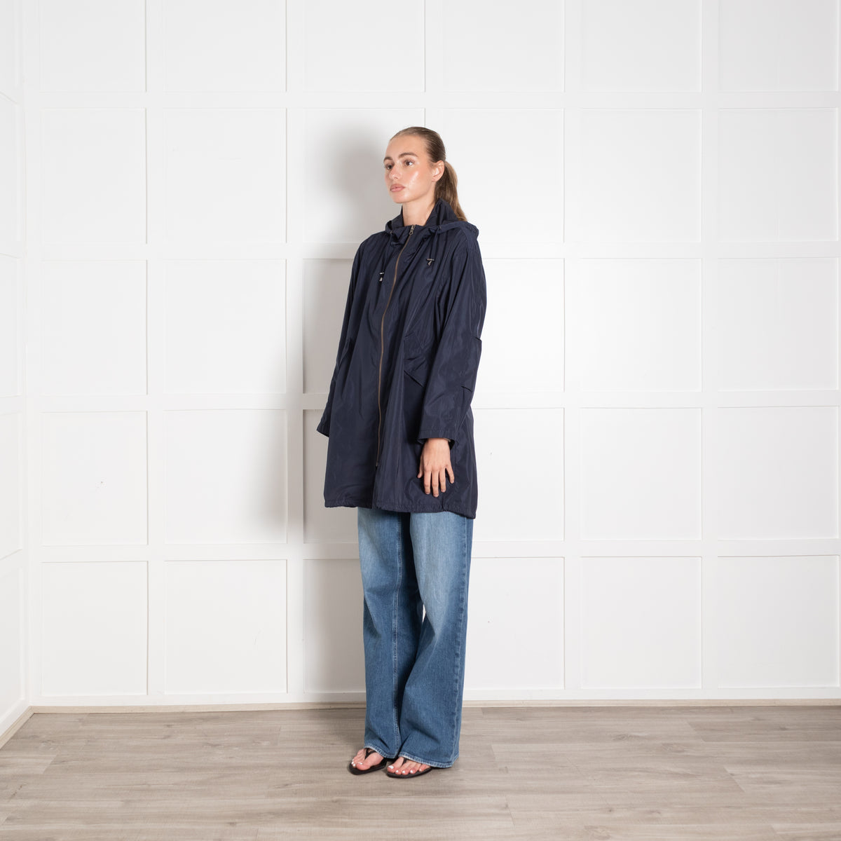 Berenice Navy Blue Nylon Hooded Zip Front Rain Coat