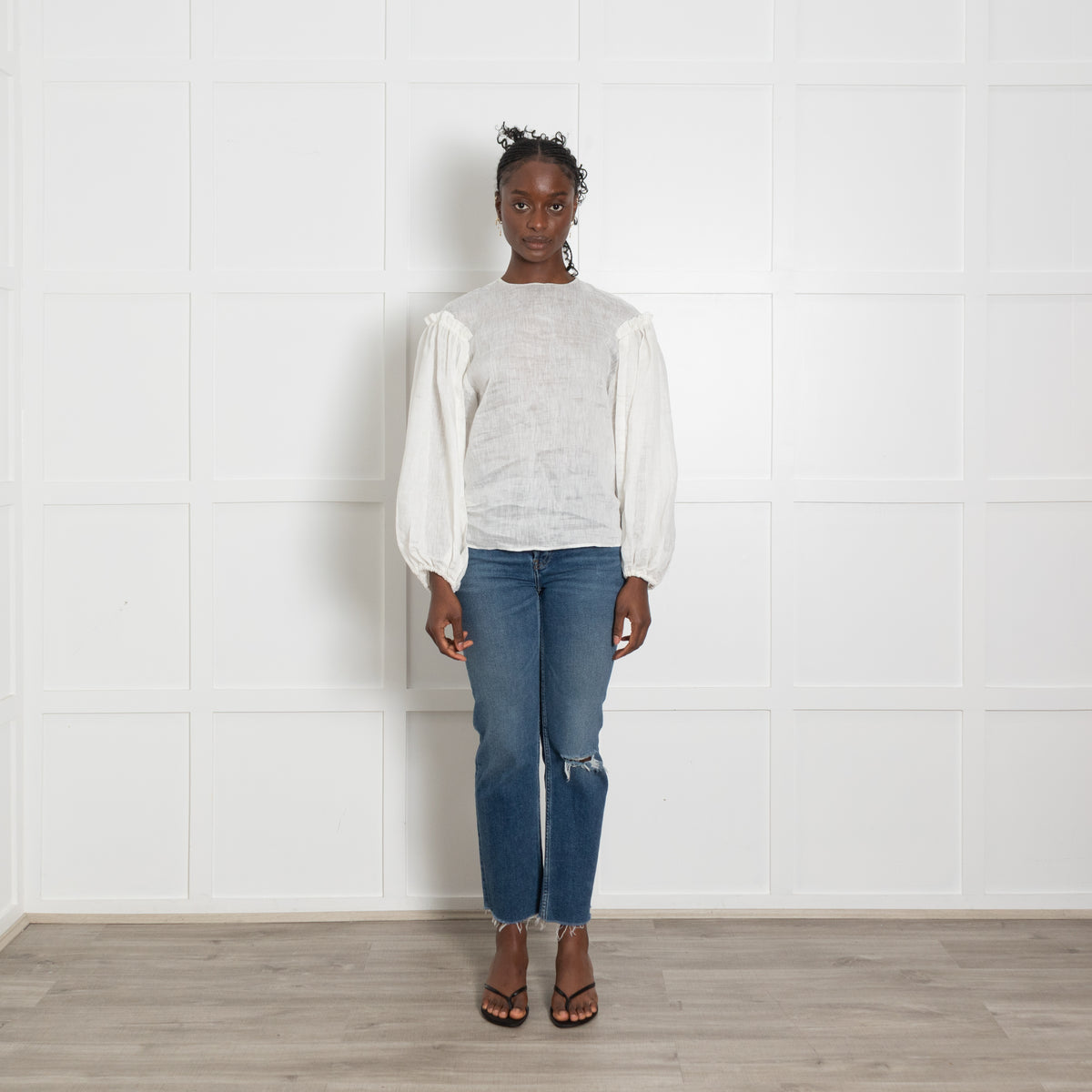 Sandro Cream Linen Mix Puff Sleeve Top