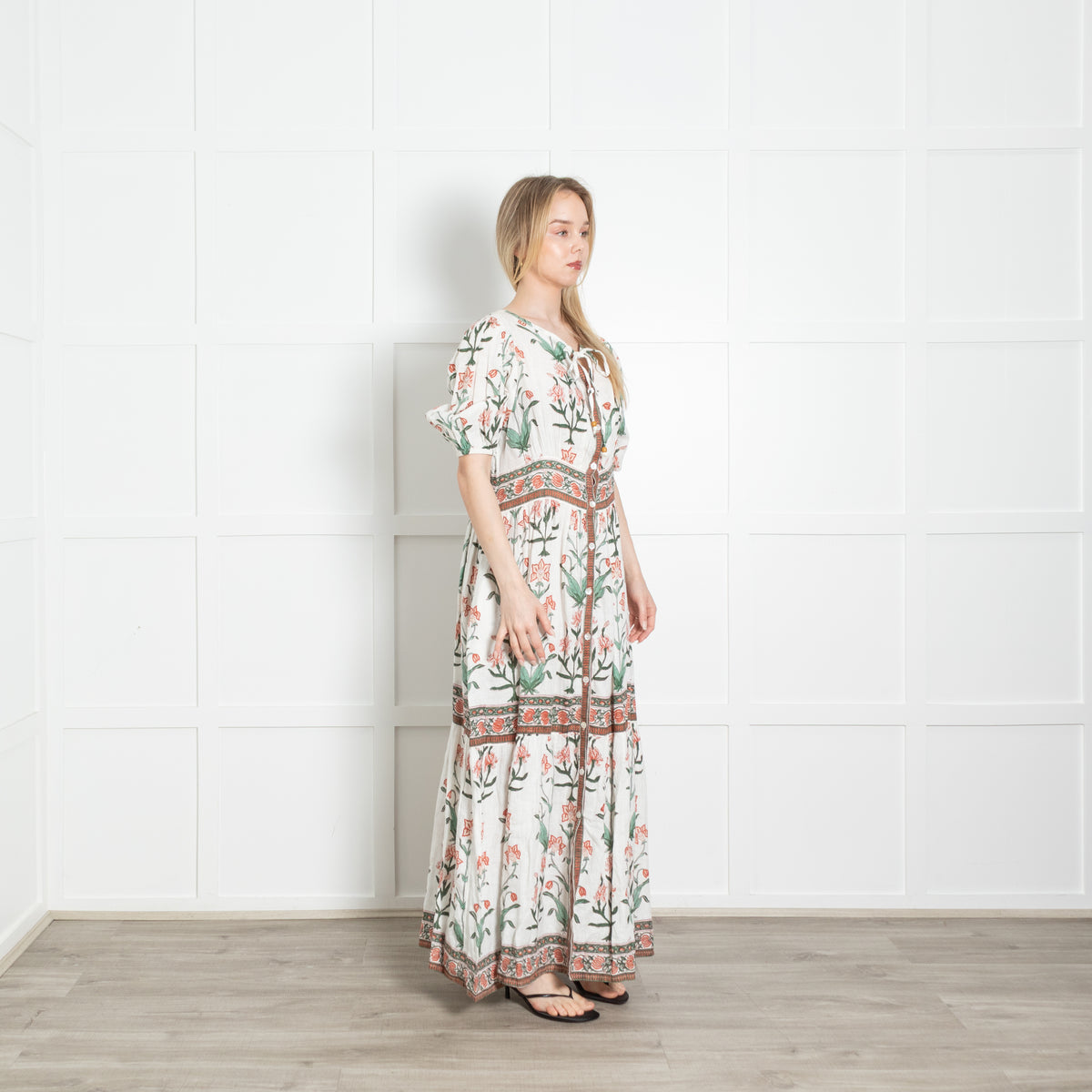 Hannah White Green Orange Floral Linen Button Up Maxi Dress