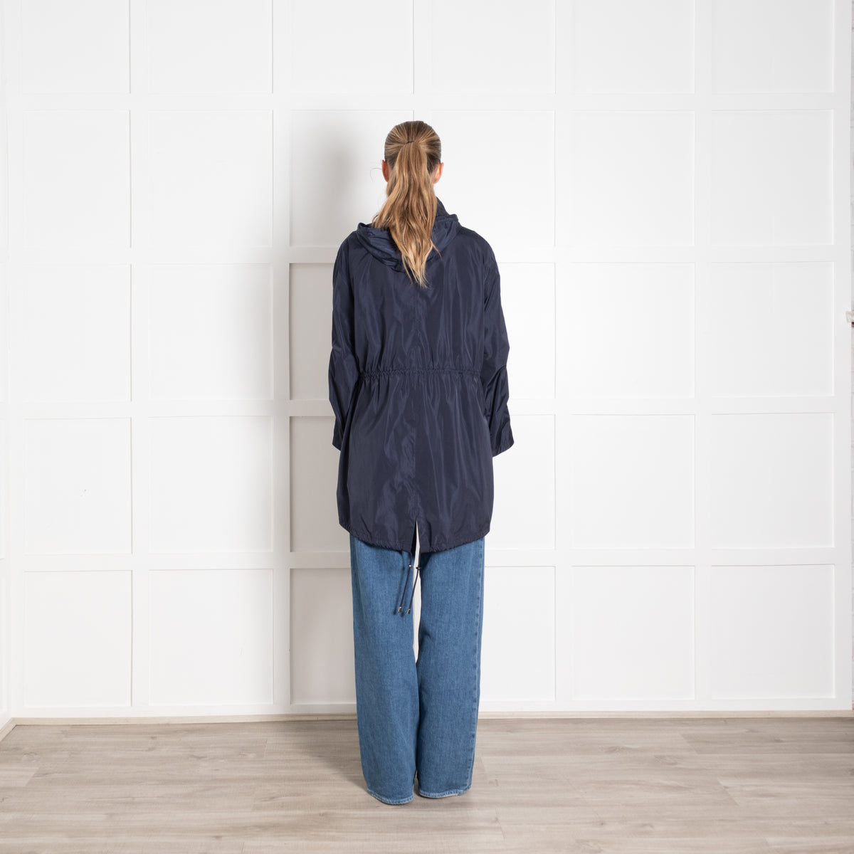Berenice Navy Blue Nylon Hooded Zip Front Rain Coat