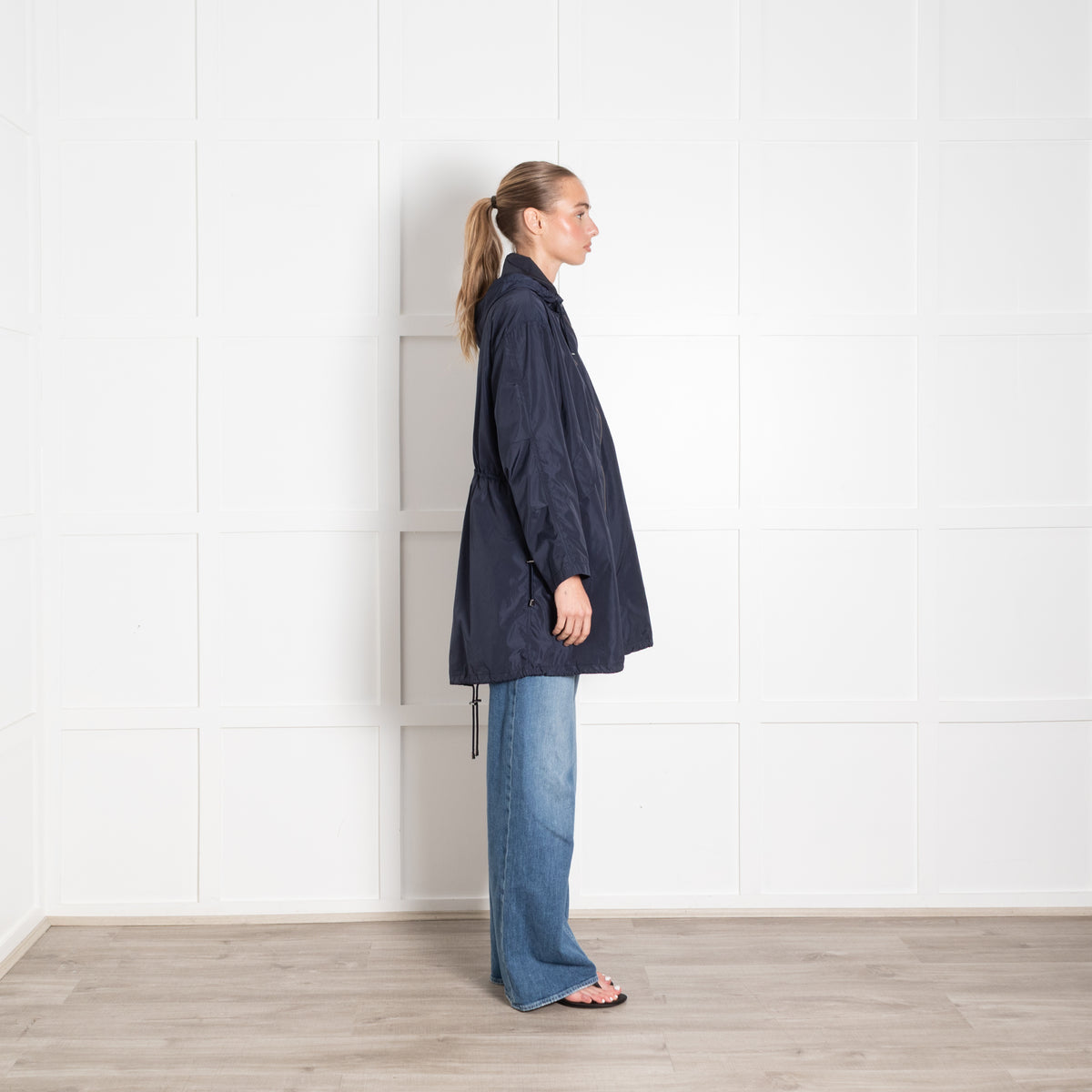 Berenice Navy Blue Nylon Hooded Zip Front Rain Coat