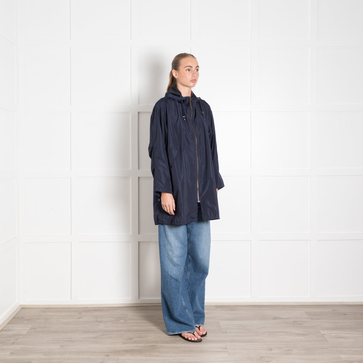 Berenice Navy Blue Nylon Hooded Zip Front Rain Coat