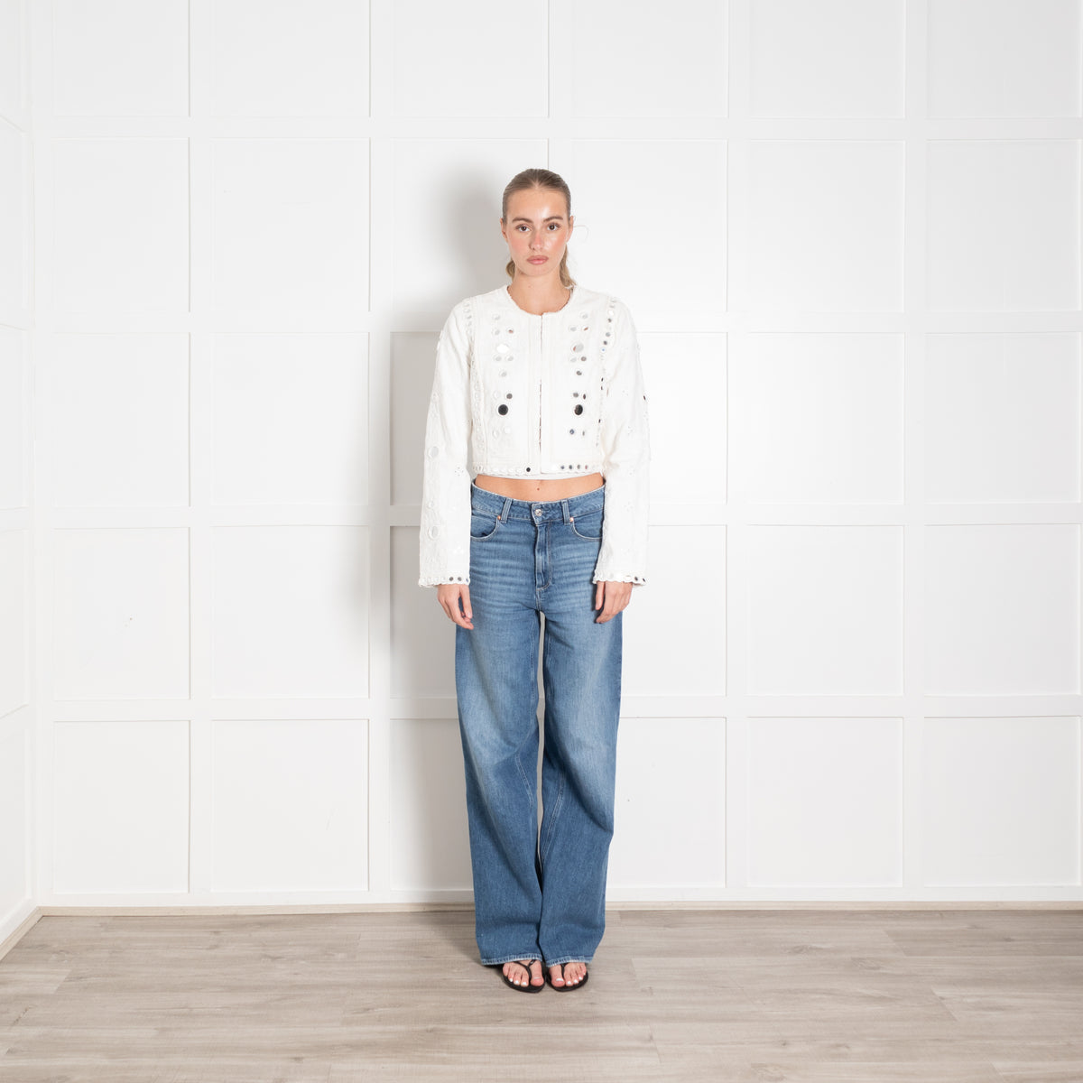 Love Shack Fancy White Embroidered Jacket with Mirror Embellishment