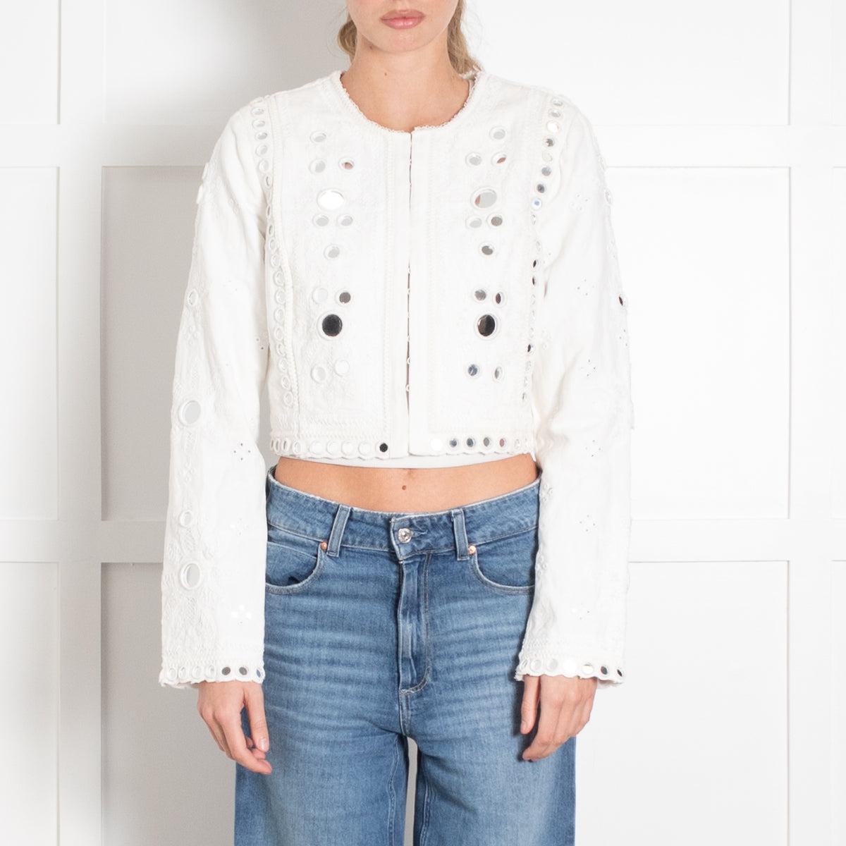 Love Shack Fancy White Embroidered Jacket with Mirror Embellishment