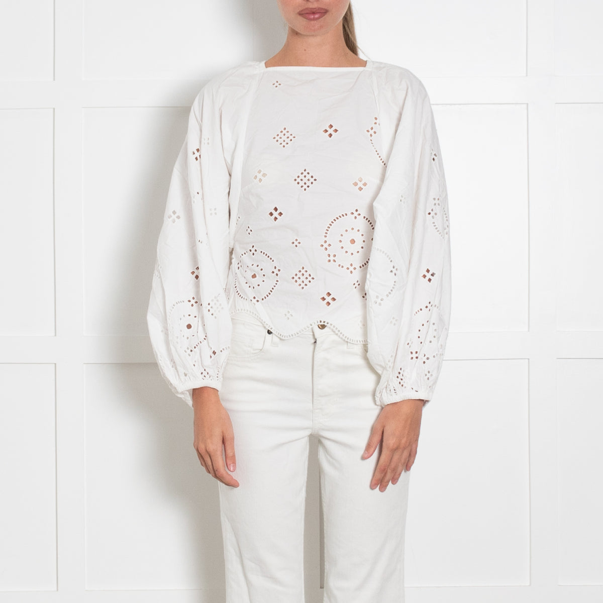 Ganni White Cotton Broderie Anglaise Blouse