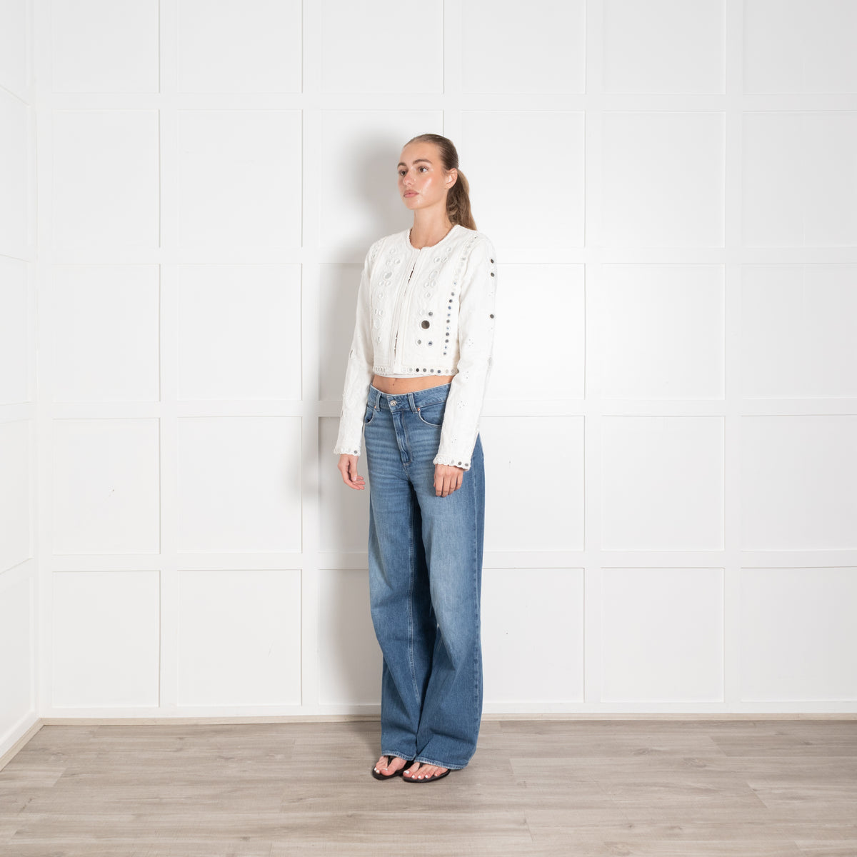 Love Shack Fancy White Embroidered Jacket with Mirror Embellishment