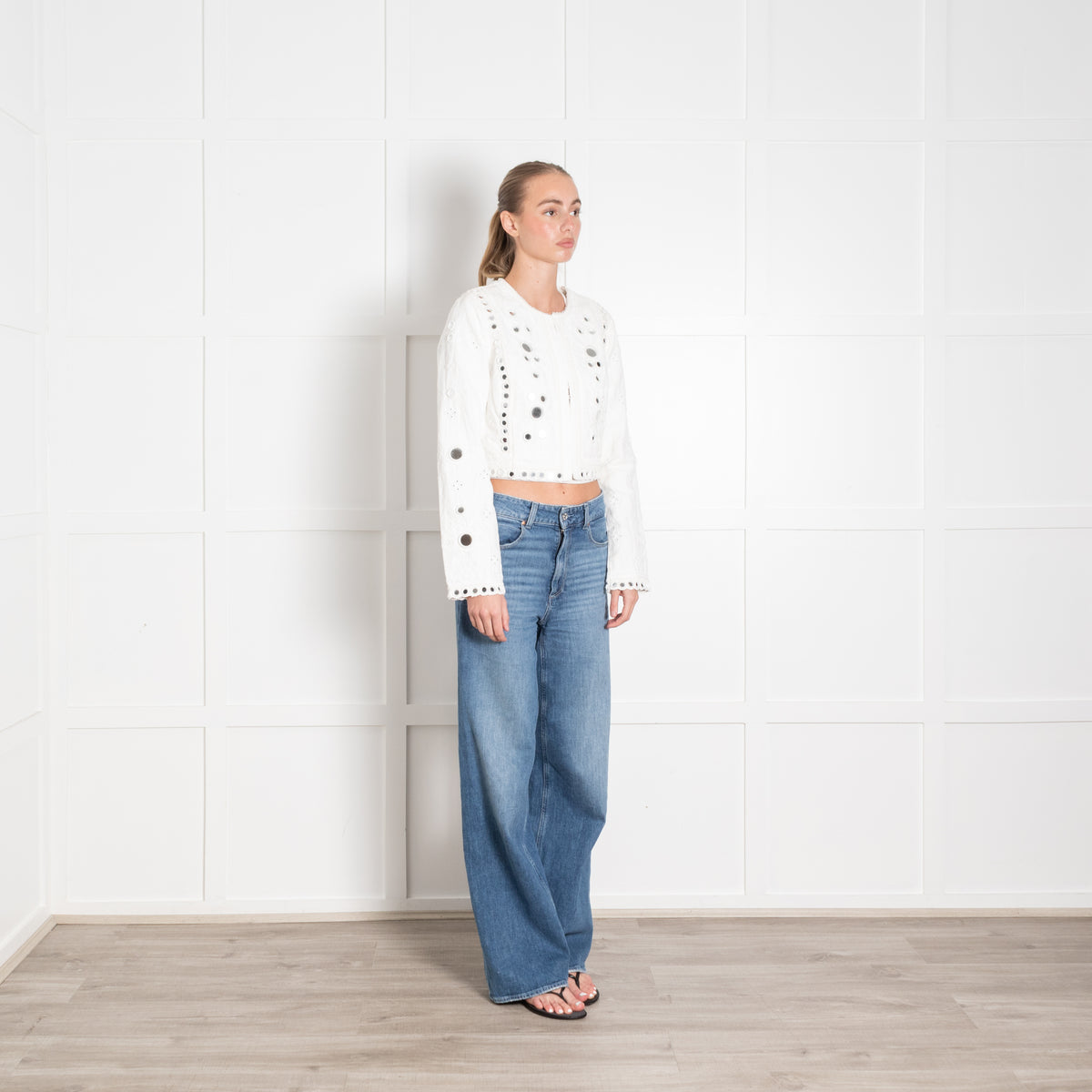 Love Shack Fancy White Embroidered Jacket with Mirror Embellishment