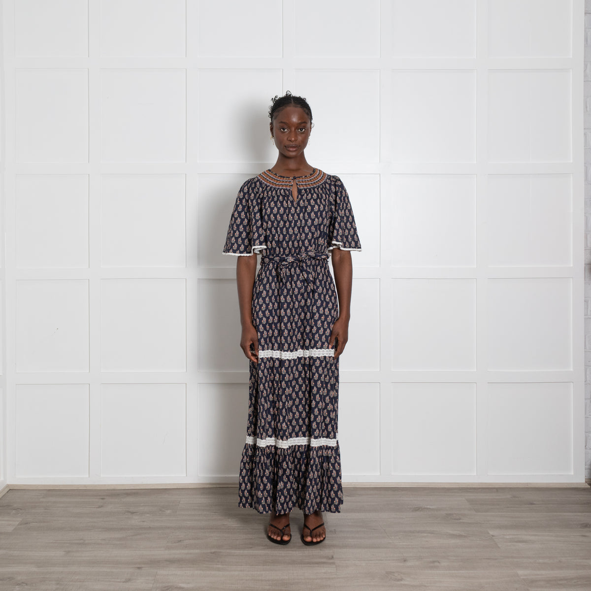 Wyse Navy Tiered Small Floral Tunic Dress wit h Tie