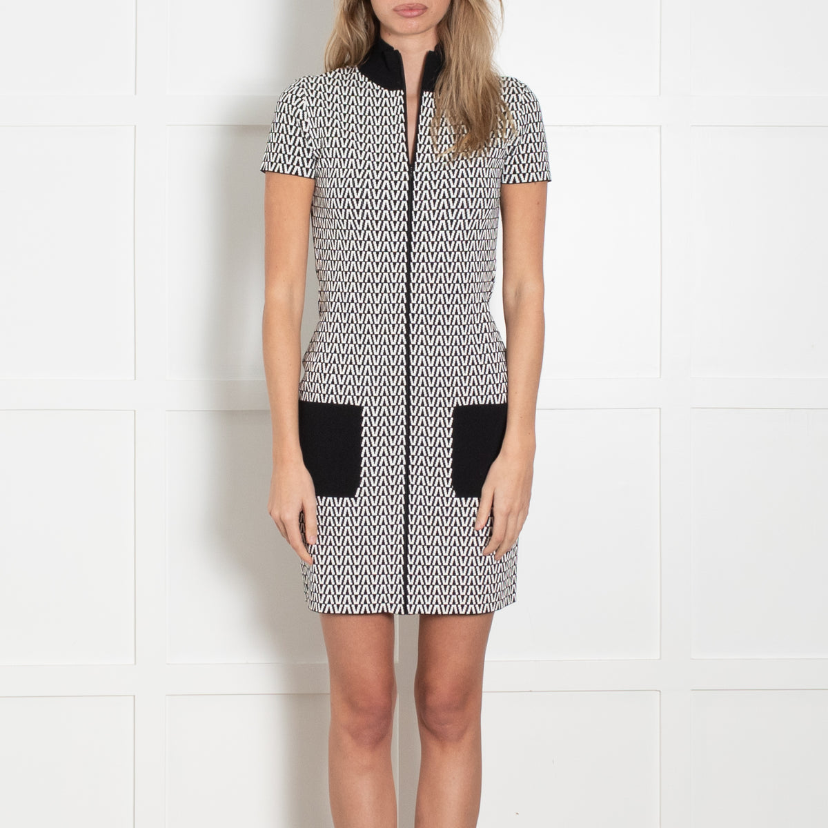 Valentino Black and White Geometric Stretch Knit Mini Dress