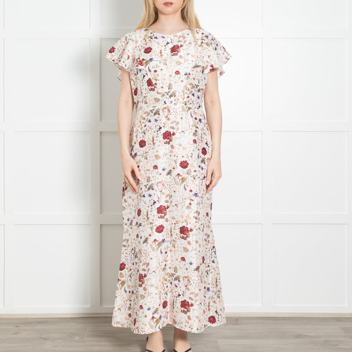 Lily And Lionel Ivory Khaki Burgundy Floral Silk Maxi Dress