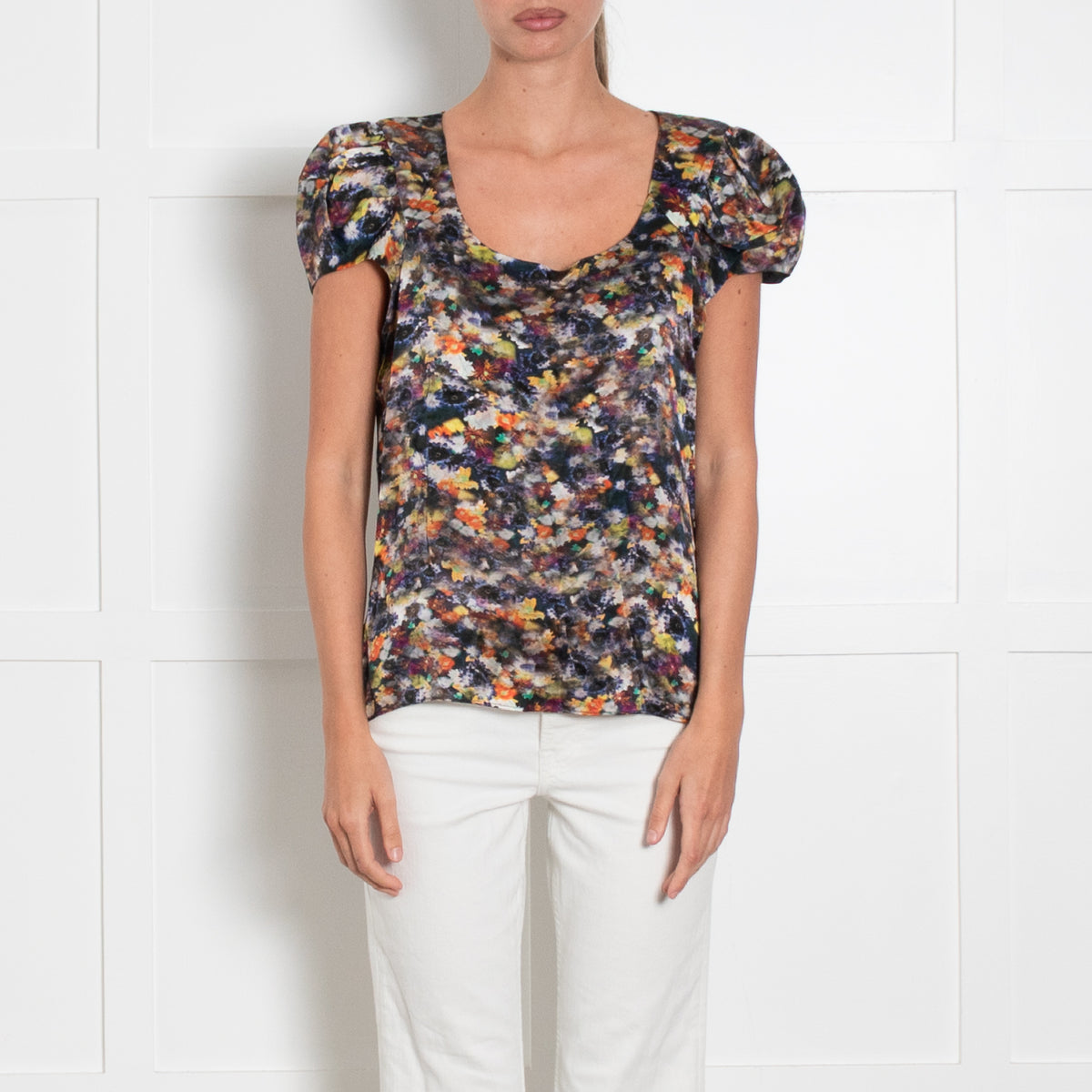 Erdem Dark Floral Cap Sleeve Silk Top