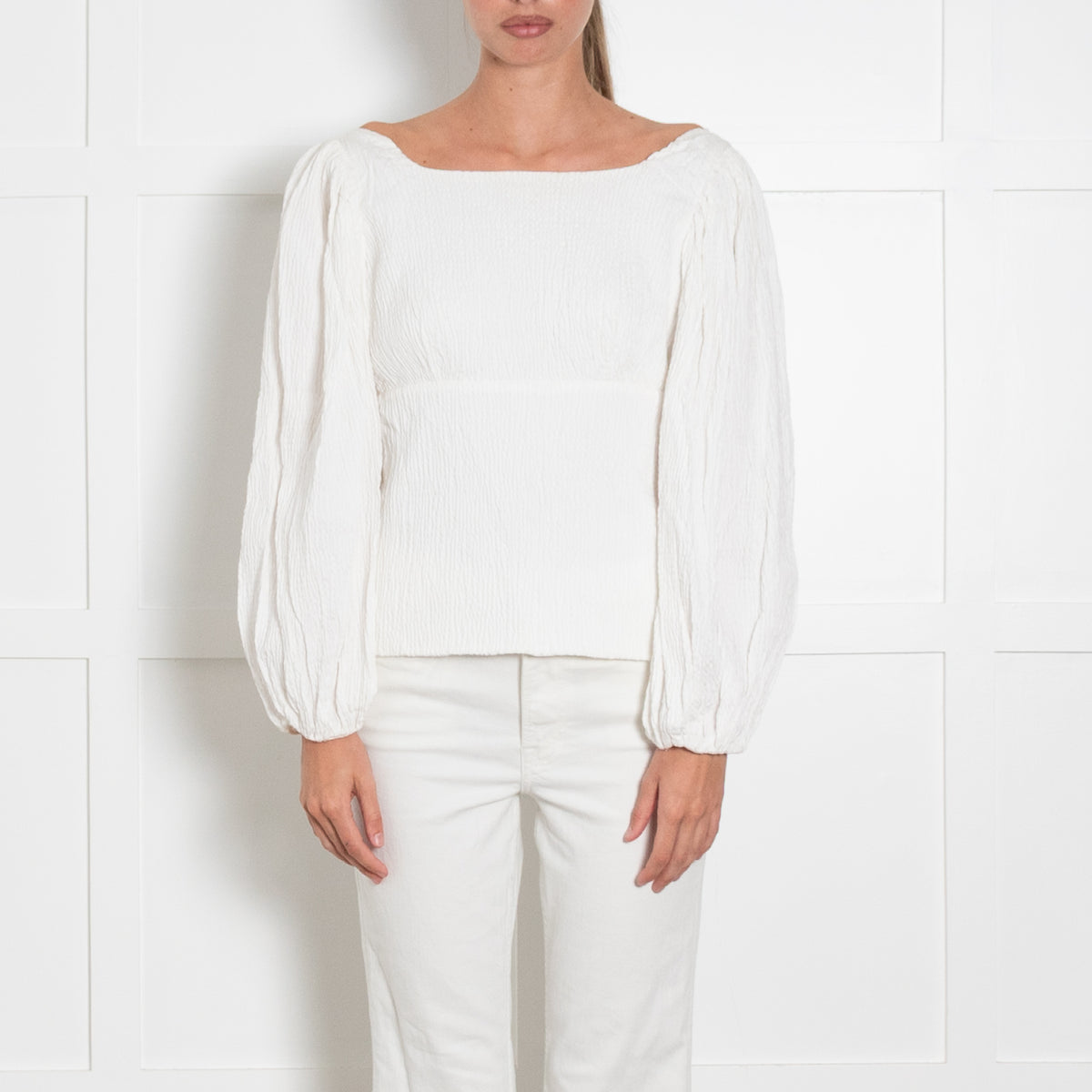 Emilia Wickstead White Crinkle Elasticated Wrist Top