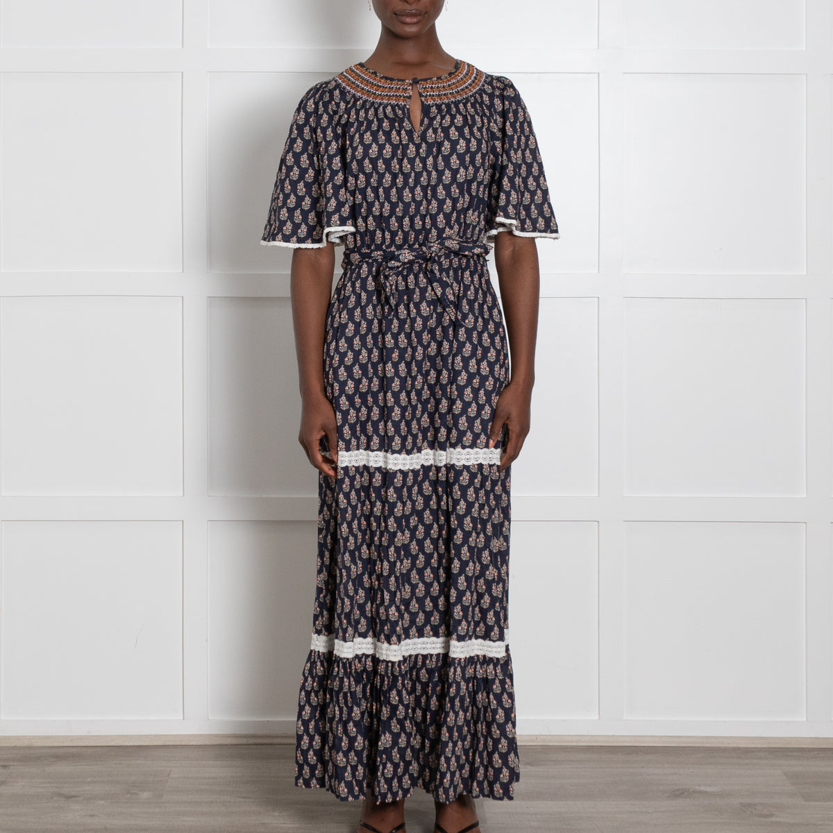 Wyse Navy Tiered Small Floral Tunic Dress wit h Tie