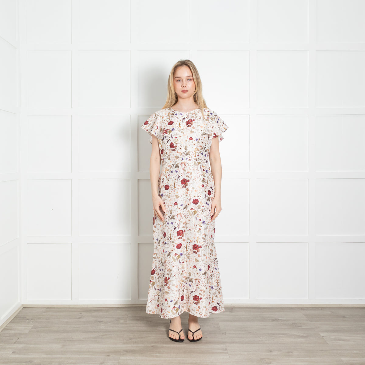 Lily And Lionel Ivory Khaki Burgundy Floral Silk Maxi Dress
