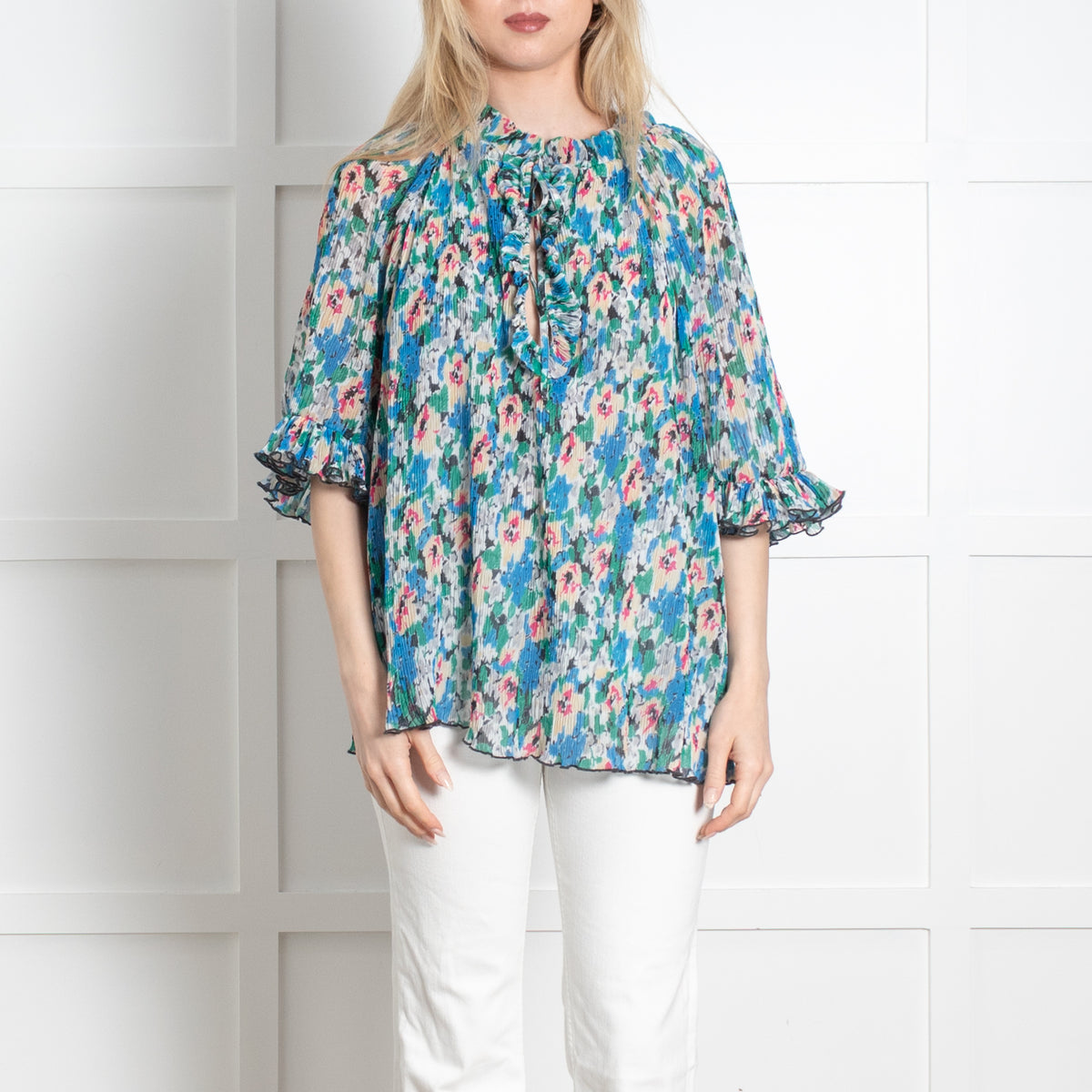 Ganni Cream Blue Floral Pleated Puff Sleeve Oversized Top
