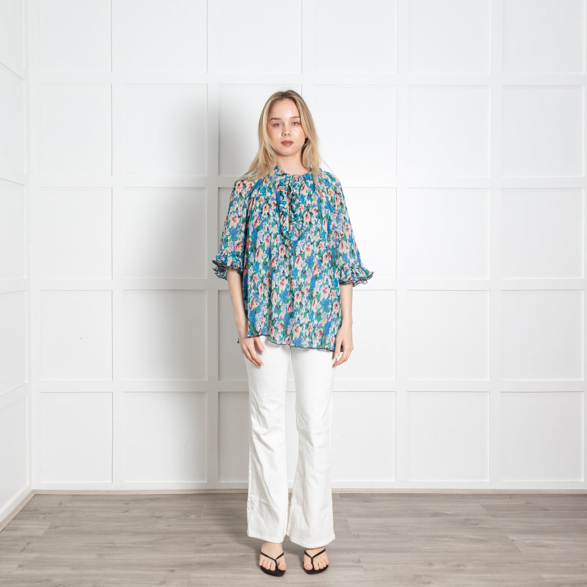 Ganni Cream Blue Floral Pleated Puff Sleeve Oversized Top