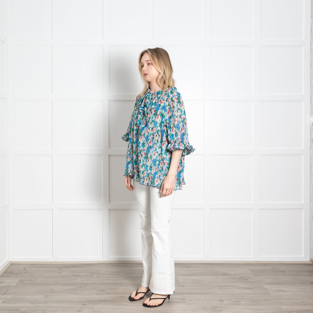 Ganni Cream Blue Floral Pleated Puff Sleeve Oversized Top