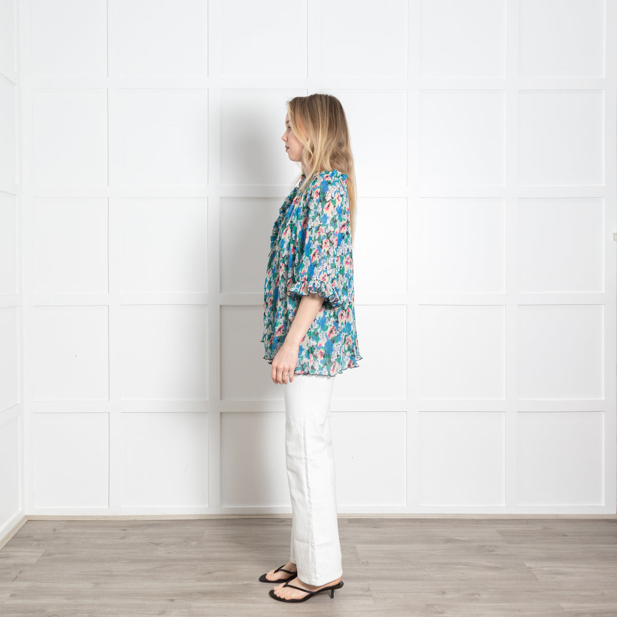 Ganni Cream Blue Floral Pleated Puff Sleeve Oversized Top