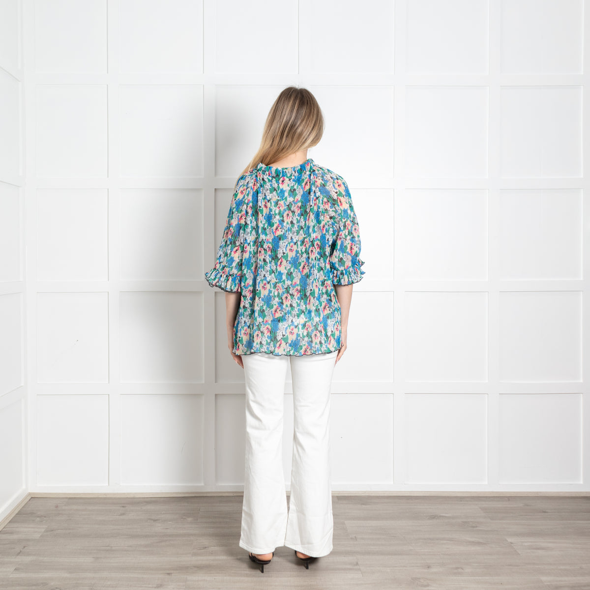 Ganni Cream Blue Floral Pleated Puff Sleeve Oversized Top