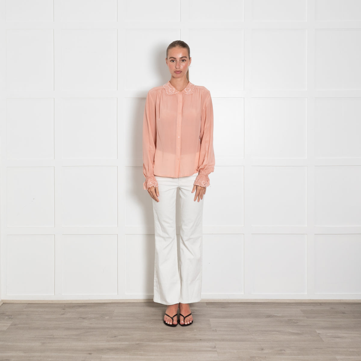 Line Markvardsen Pink Broderie Collared Silk Blouse