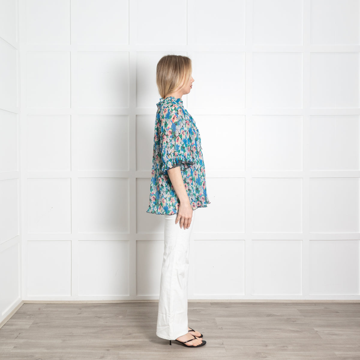 Ganni Cream Blue Floral Pleated Puff Sleeve Oversized Top