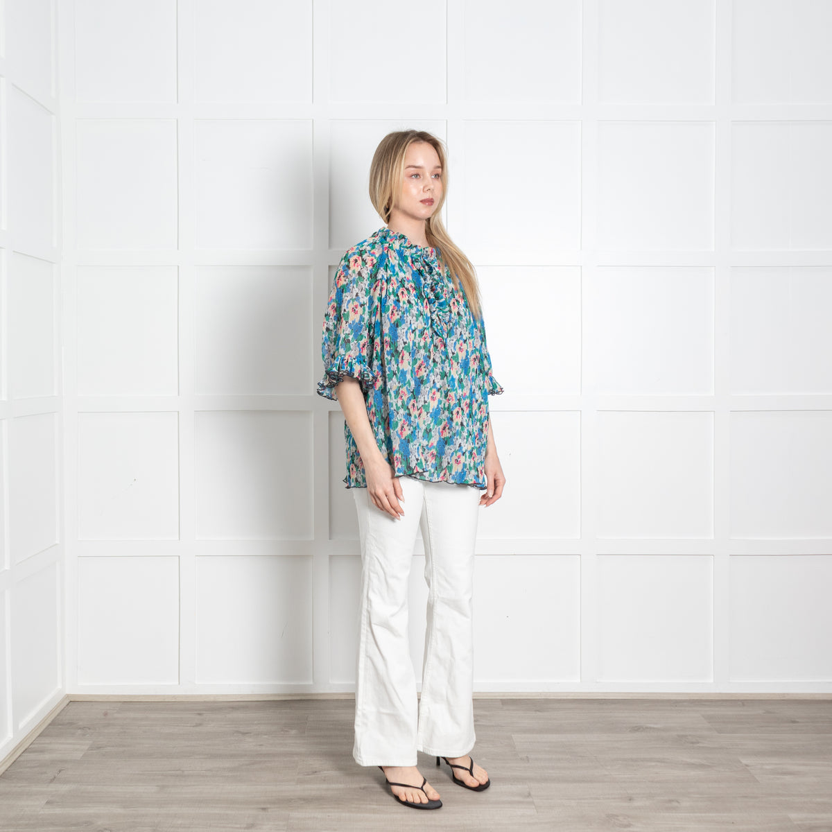 Ganni Cream Blue Floral Pleated Puff Sleeve Oversized Top
