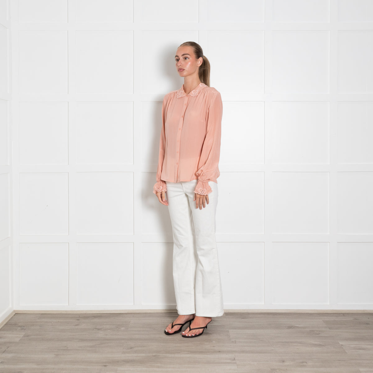 Line Markvardsen Pink Broderie Collared Silk Blouse