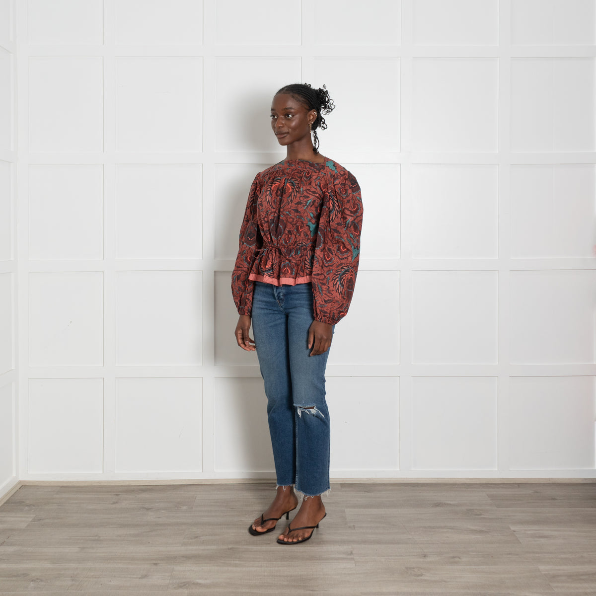 Ulla Johnson Terracotta Floral Print Drawstring Top