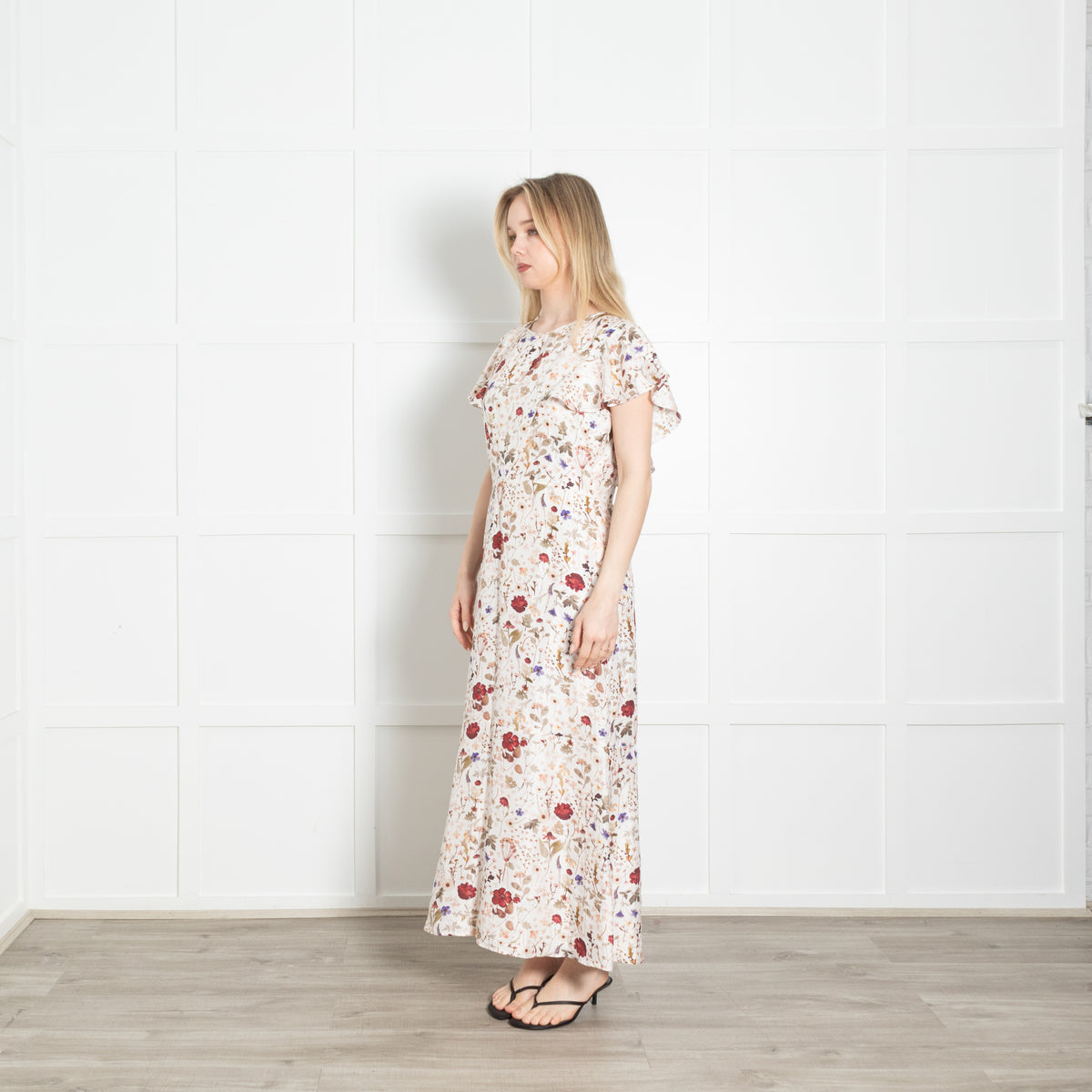Lily And Lionel Ivory Khaki Burgundy Floral Silk Maxi Dress