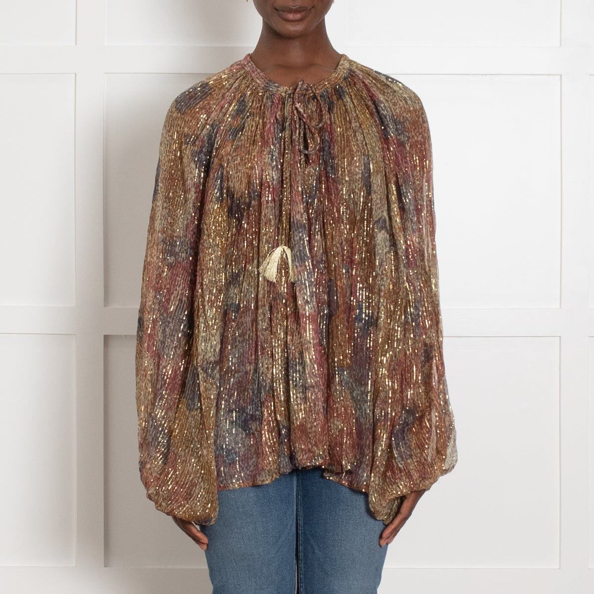 Mes Demoiselles Flounce Blouse in Pink, Khaki and Blue with Lurex Threadf