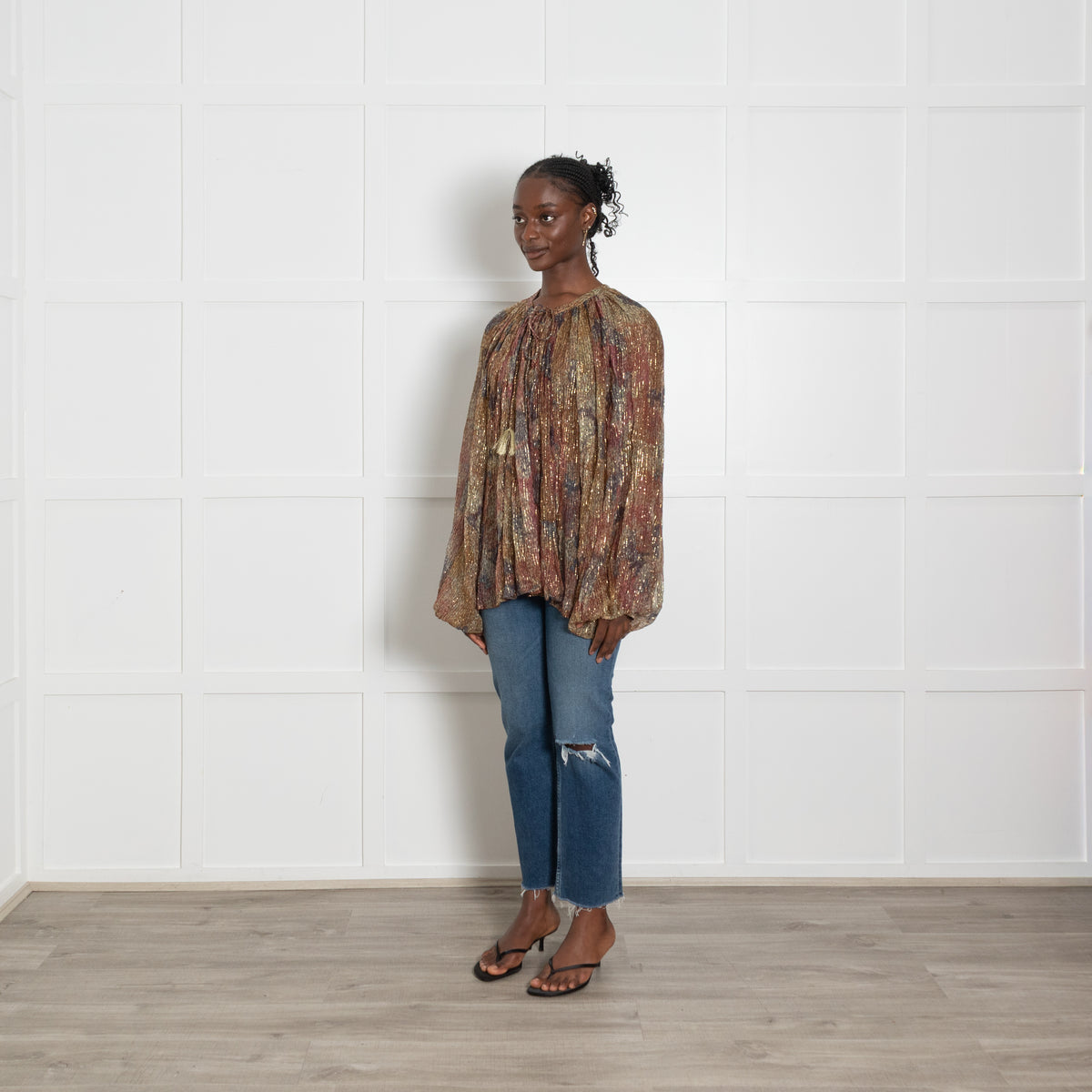Mes Demoiselles Flounce Blouse in Pink, Khaki and Blue with Lurex Threadf
