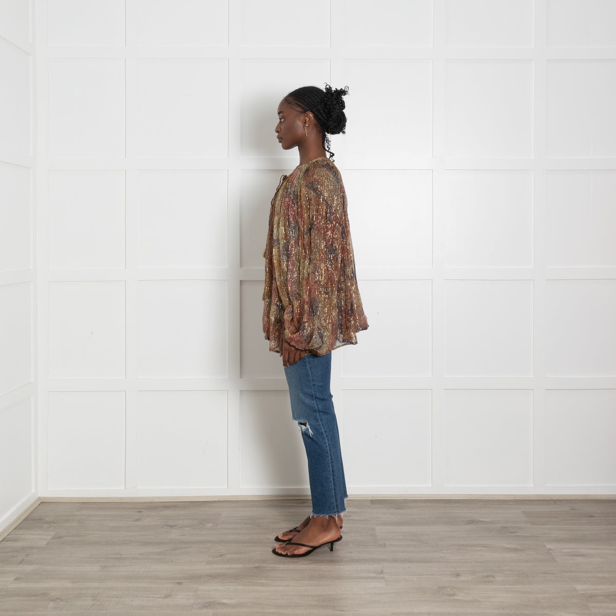 Mes Demoiselles Flounce Blouse in Pink, Khaki and Blue with Lurex Threadf