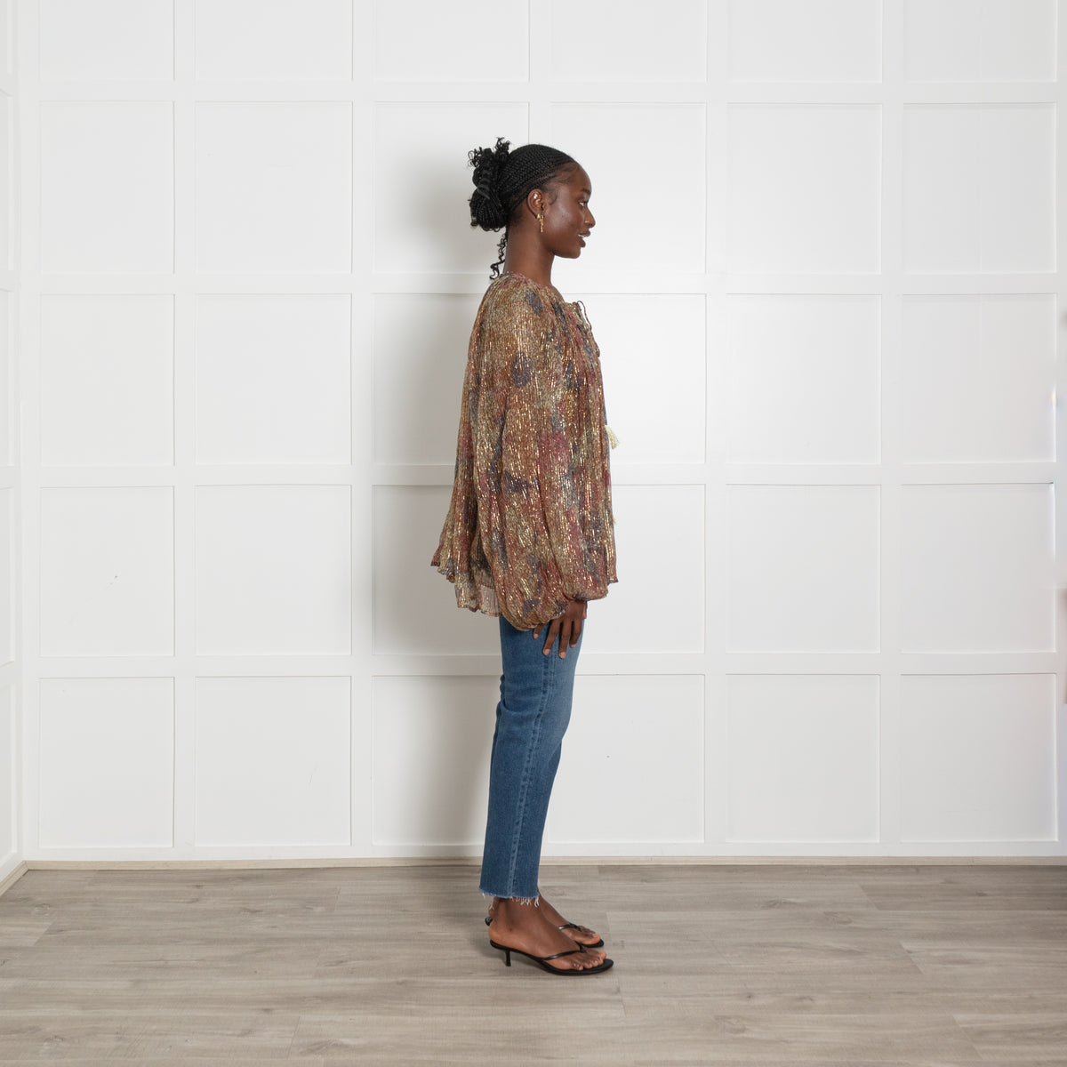 Mes Demoiselles Flounce Blouse in Pink, Khaki and Blue with Lurex Threadf