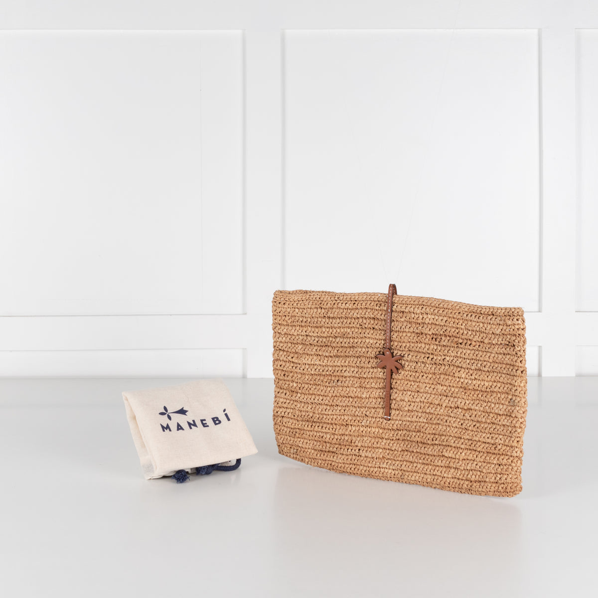 Manebi Raffia Clutch with Leather Palm Tree Closure