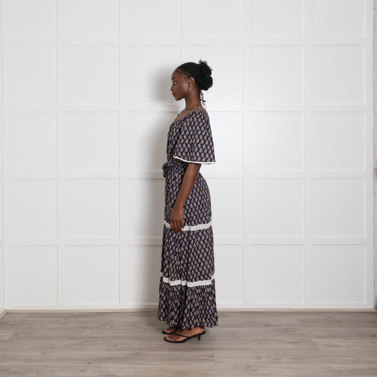 Wyse Navy Tiered Small Floral Tunic Dress wit h Tie
