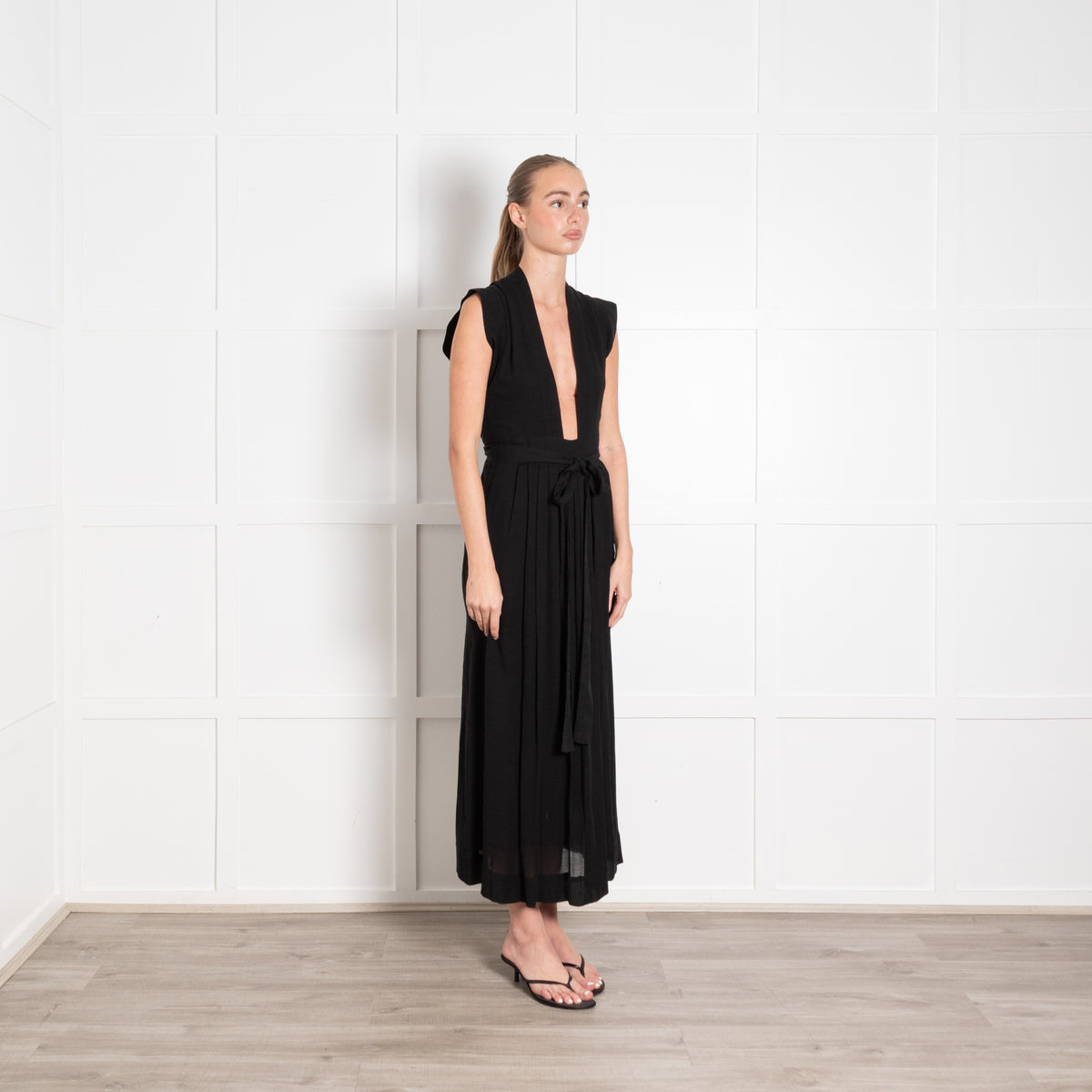 Isabel Marant Black Cotton Blend Silk Lined Sleeveless Deep V Maxi Dress