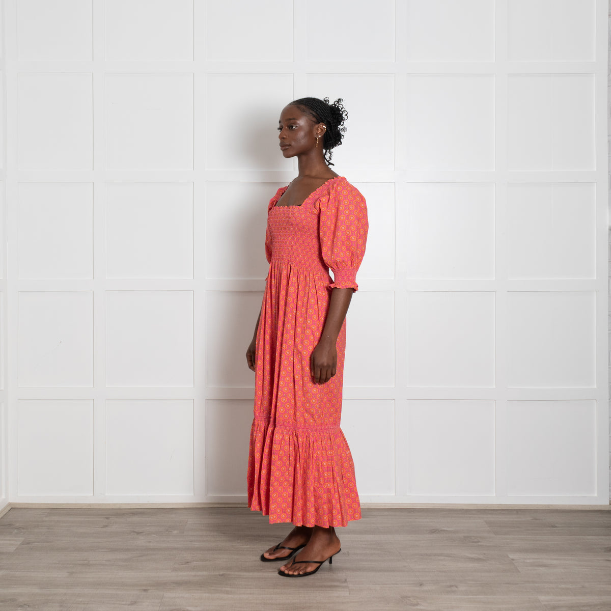 Wyse Pink and Orange Shirred Midi Dress