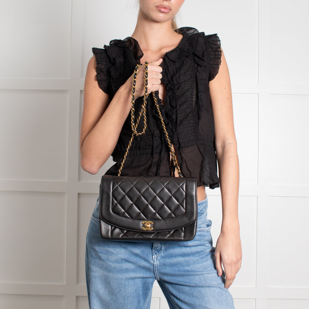 Chanel Medium Diana Matelasse Lambskin Chain Shoulder Bag in Black