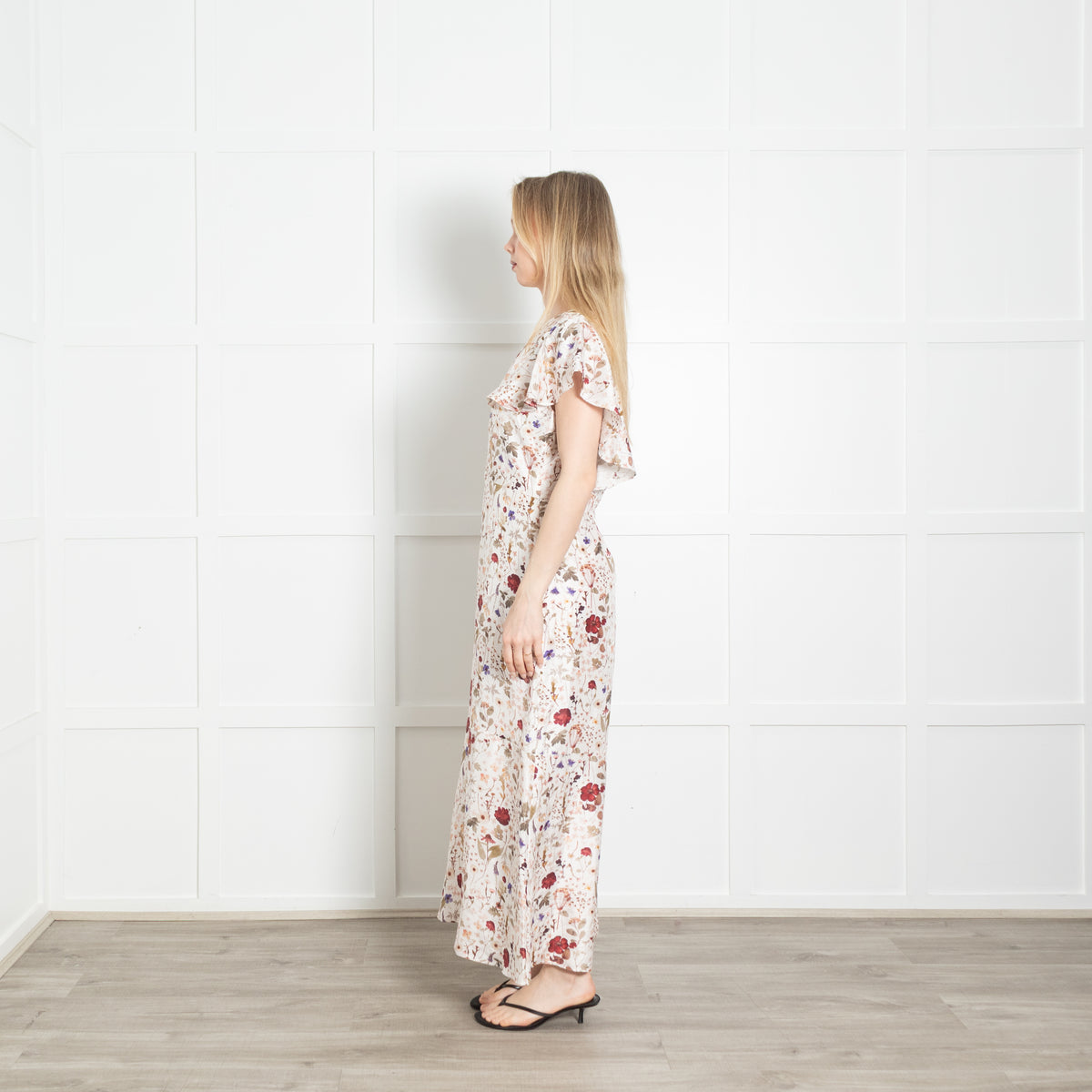 Lily And Lionel Ivory Khaki Burgundy Floral Silk Maxi Dress