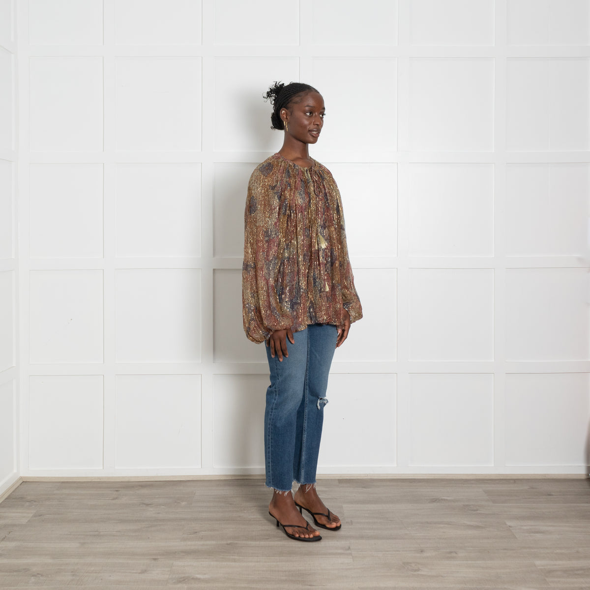 Mes Demoiselles Flounce Blouse in Pink, Khaki and Blue with Lurex Threadf