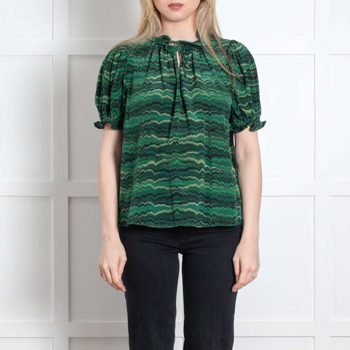 Ulla Johnson Green Black Print Frill Detail Neck Silk Top